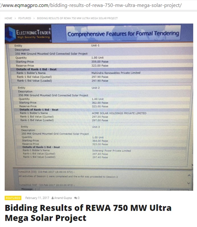 Bidding Results of REWA 750 MW Ultra Mega Solar Project