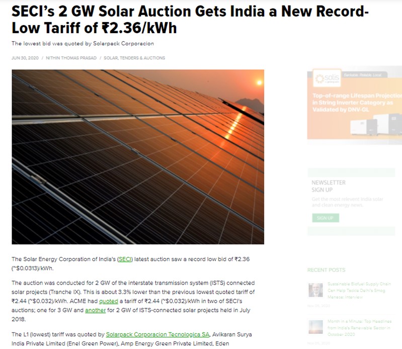 SECI’s 2 GW Solar Auction Gets India a New Record-Low Tariff of ₹2.36/kWh