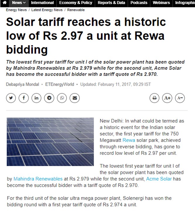 Solar tariff reaches a historic low of Rs 2.97 a unit at Rewa bidding