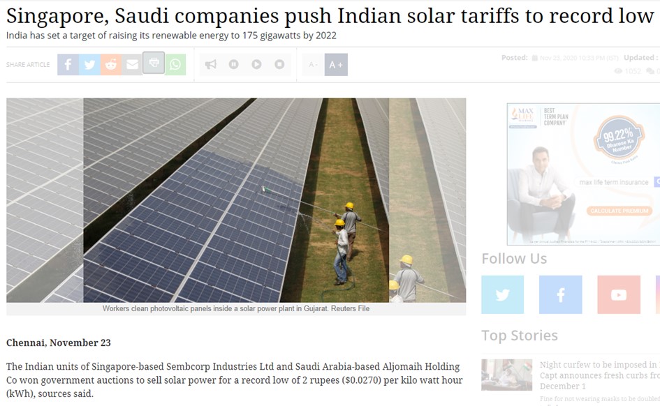 Singapore, Saudi companies push Indian solar tariffs to record low.